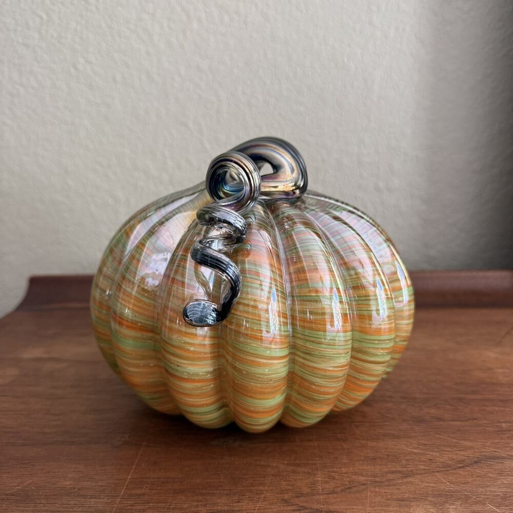 Hand blown Orange Multi Rainbow Glass Pumpkin